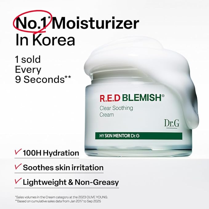 Dr. G R.E.D. Blemish Clear Soothing Cream - Calming Korean Moisturizer for Redness - Soothes Acne & Irritation - With Centella Asiatica - Long-Lasting Hydration - 2.36 fl oz