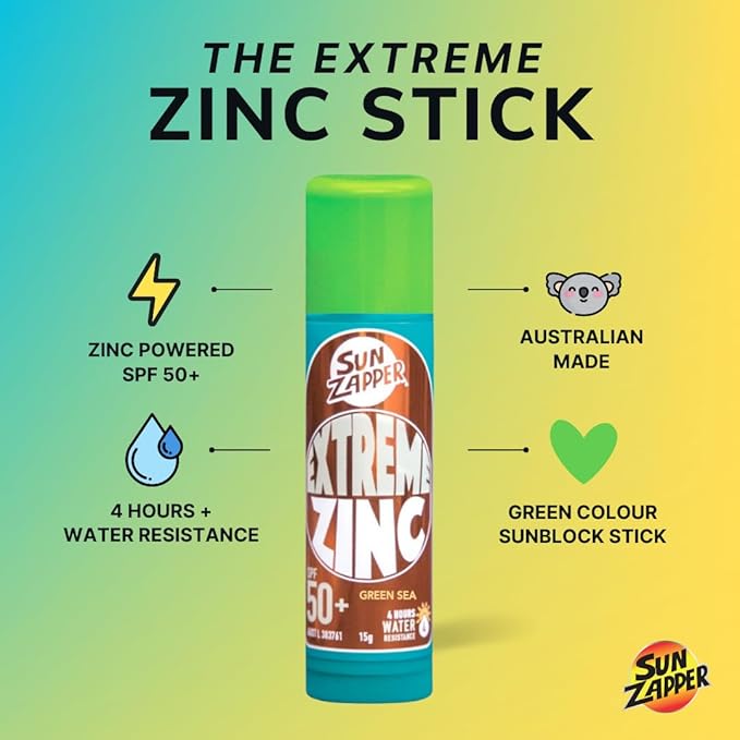 Sun Zapper Extreme Zinc Sunscreen Stick SPF 50+ Green – Water Resistant Mineral Sunscreen for Face, Zinc Oxide Surf Sunscreen Stick for Surfing and Water Sports, 15g (0.53 oz), Australian Made