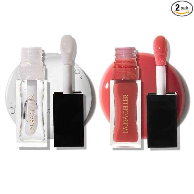 LAURA GELLER NEW YORK Fine Shine Glossy Lip Oil Duo, Rose Garden + Glass Half Full - Clear Pink Lip Gloss with Hydrating Squalane