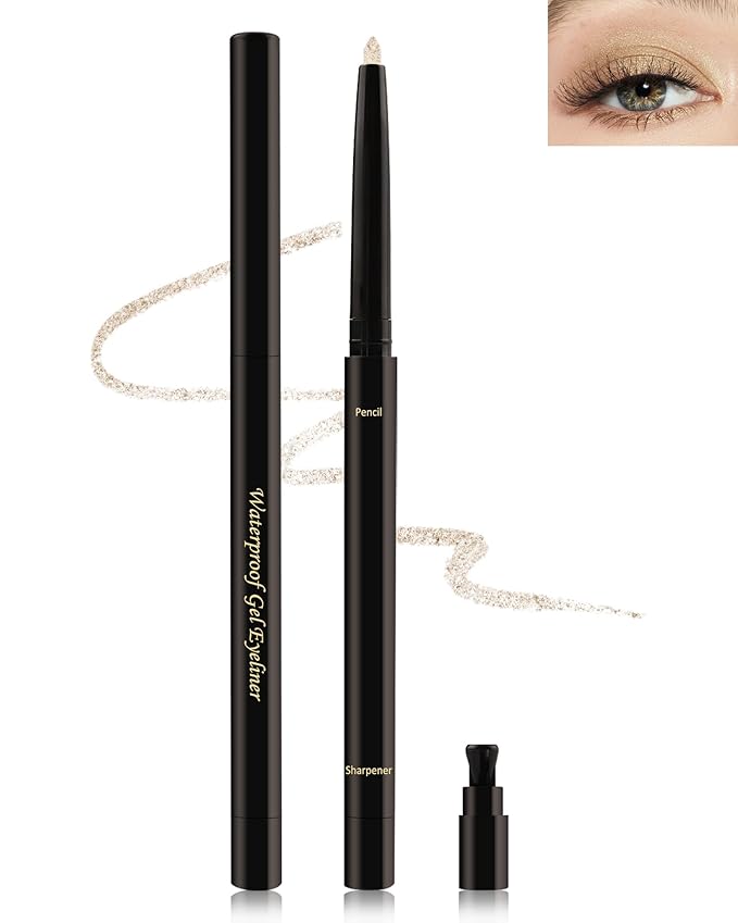 Gold Glitter Eyeliner Pencil Brightener Stick, Long-Stay 24H, Waterproof Smudge-Proof Retractable Eyeliner Pen, Cream Gel Eye Liner Waterline, Shimmer Highlighter Eye Liner Makeup Pen with Sharpener