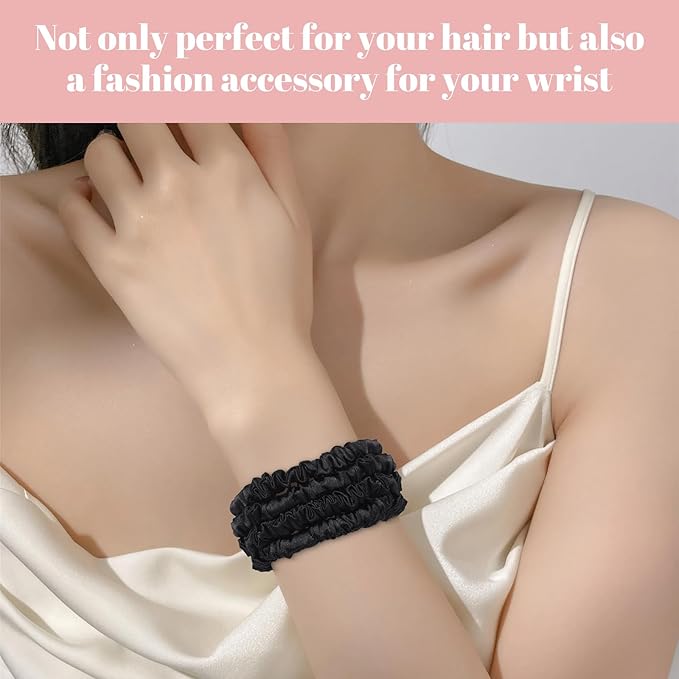 Scrunchies Hair Ties Silk Satin Scrunchy, WantGor Women 4PC Pure Mulberry Silk Skinny Elastic Scrunchies Hair Bands Bracelets Ponytail Holders Hair Accessories (Black*4)