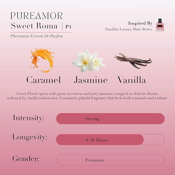 PUREAMOR Pheromone Perfume for Women, Sweet Rome Extrait de Parfum - Long Lasting Sweet Gourmand Caramel & Vanilla Scent, 30% High Concentration, Full Size Fragrance Spray, 1.0 oz / 30 ml