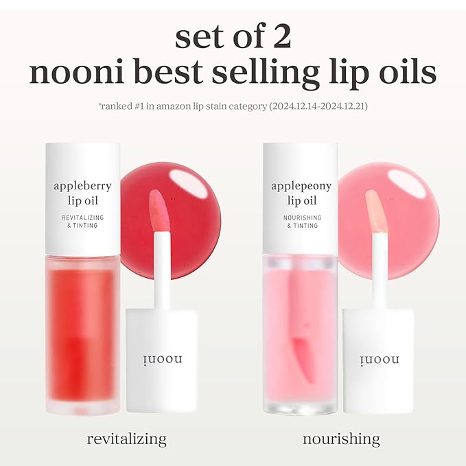 NOONI Korean Lip Oil Set - Appleberry & Applepeony - Long-Lasting, Moisturizing, Revitalizing - Waterproof, No Peel Off, Stocking Stuffers (3EA, 0.12 fl oz)