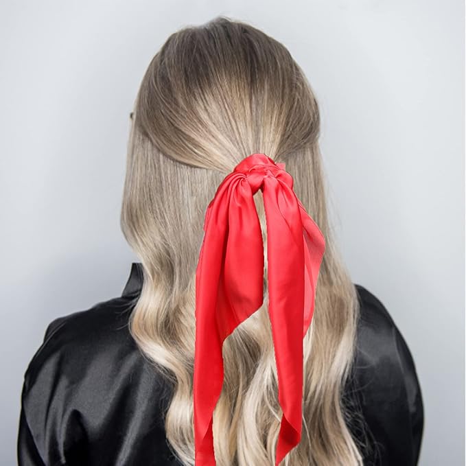 Pack of 2 Knotted Bow Hair Scrunchies Elastic Hair Scarf Black Hair Ties Bands Satin Hair Ribbon Scrunchy Red Ponytail Holder for Women and Girls (Red)