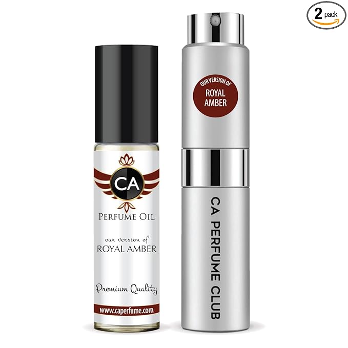 CA Perfume Duo Impression of Royal Amber For Women And Men Perfume Layering Set Long Lasting Travel Size EDP + Body Oil Roll-On Bottle 0.27 Fl Oz+0.33 Fl Oz