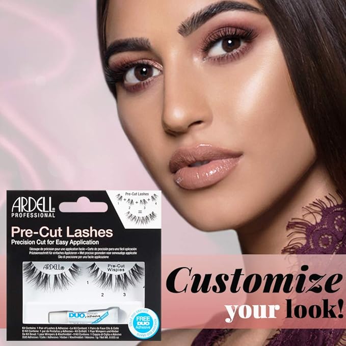 Ardell Wispies Pre-Cut False Lashes with Free Duo Eyelash Adhesive, Natural Strip Lashes for Glamour Look, 4 Pack