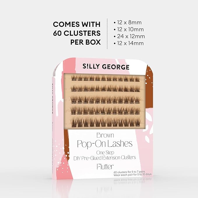 Silly George Pop-On Lashes - DIY 1-Step Pre-Glued Faux Eyelash Clusters, Natural Look Extensions, Light Brown - Flutter, 5-7 Pair Set, Pack of 60 Clusters