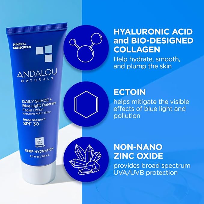 Andalou Naturals Deep Hydration Face Sunscreen - Daily Shade + Blue Light Defense SPF 30 with Zinc Oxide - Lightweight, Non-Greasy, Non-comedogenic, Fragrance-Free - 2.7 fl oz