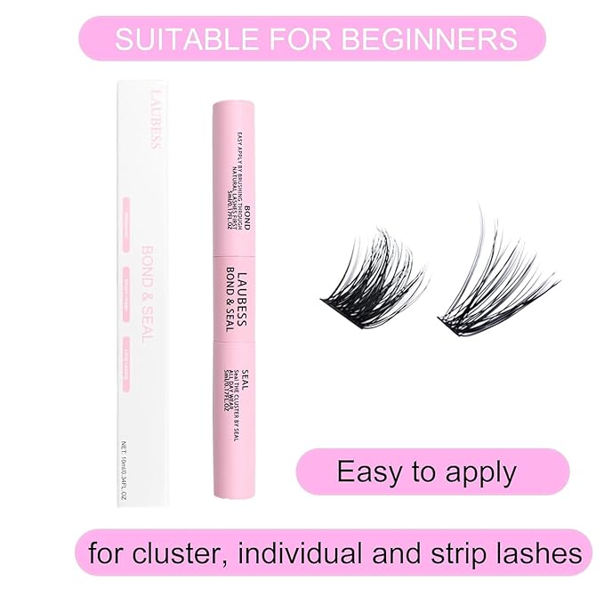 Lash Bond and Seal Waterproof 2Pcs LAUBESS Lash Glue for Eyelash Clusters 2 in 1 Lash Cluster Glue Adhesive Eyelash Glue Home Use Strong Hold 72H 10ml*2