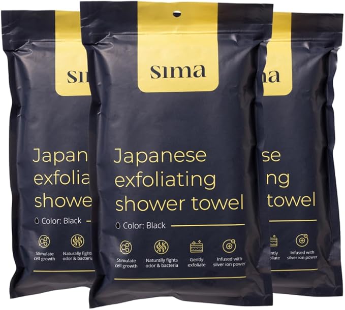 Sima Brand Exfoliating Washcloth Face & Body Scrub Towel - Japanese Exfoliating Towel with Hexagon Fibers, Body Scrubber with 2 Sides for Scrubbing & Washing, Extra Long Towels (Black, 2 Pack)