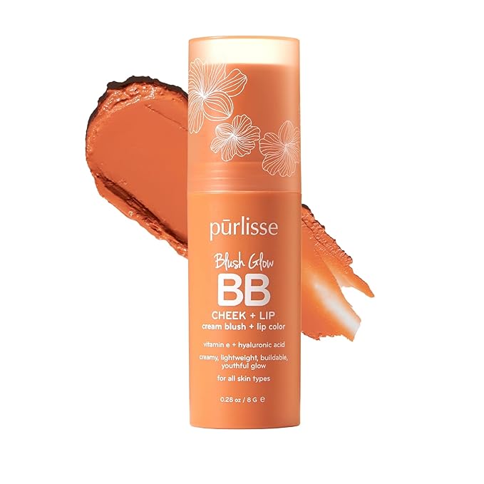 pūrlisse Blush Glow BB Lip and Cheek Tint - Hydrating & Buildable 2-in-1 Cream Blush Stick for Cheeks & Lips - Formulated with Nourishing Vitamin E & Hyaluronic Acid - Peach Please (.28 oz)
