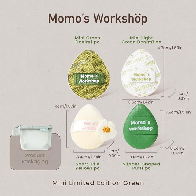Momo's Workshop Mini Denim Makeup Sponge Set,Mini Makeup Blenders Sponge for Concealer/Blush/Highlighter, Perfect for Detail Work & Travel,4pcs Green Mini Concealer Puffs with Travel Pouch