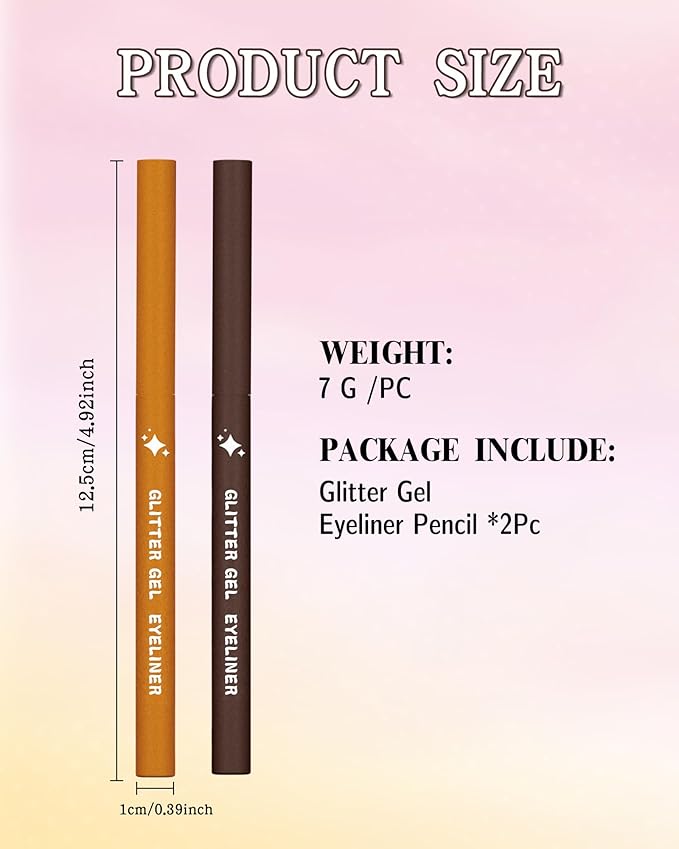 2 PCS Gold Eyeliner Pencil Set, Glitter Cream Gel Eyeliner Pencil kit, Waterproof & Smudge-proof Waterline Eye Liner Pen Beauty Makeup for Mature Women, Girls, Daily, Party, Halloween- Gold Set