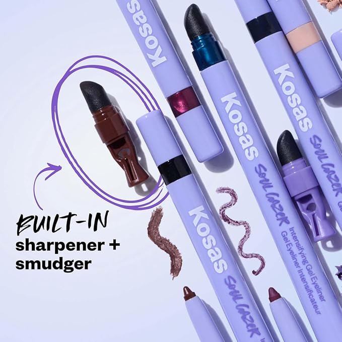 Kosas Soulgazer Gel Eyeliner (Bewitch) - Waterproof, Smudge-Proof Pen with Hyaluronic Acid - Retractable Eyeliner Pencil with Sharpener & Smudger, Long-Lasting - Night Violet Satin