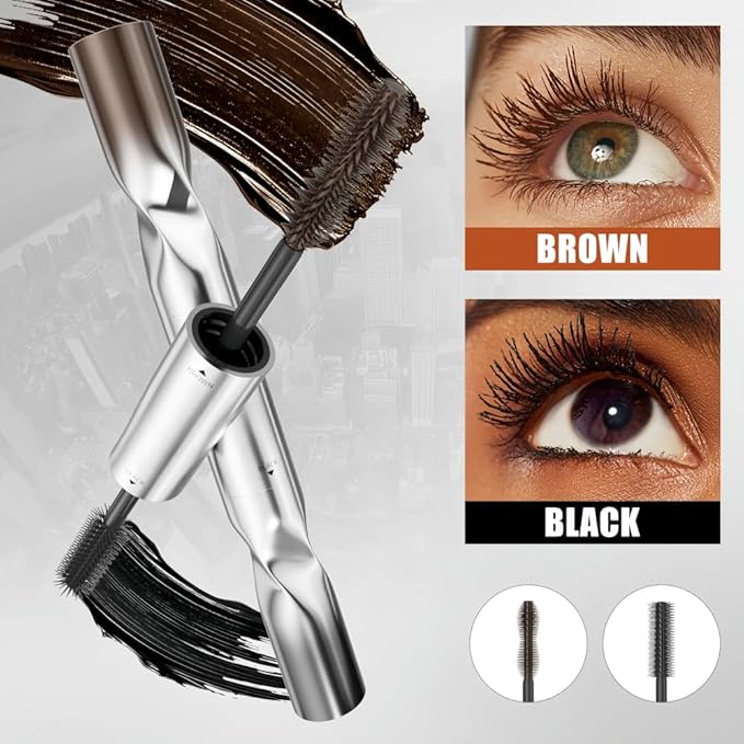 2 Colors Double-Ended Waterproof Mascara, Black & Brown, Lengthening, Volumizing, No Smudge, No Clumping, Long Lasting (1Pcs)