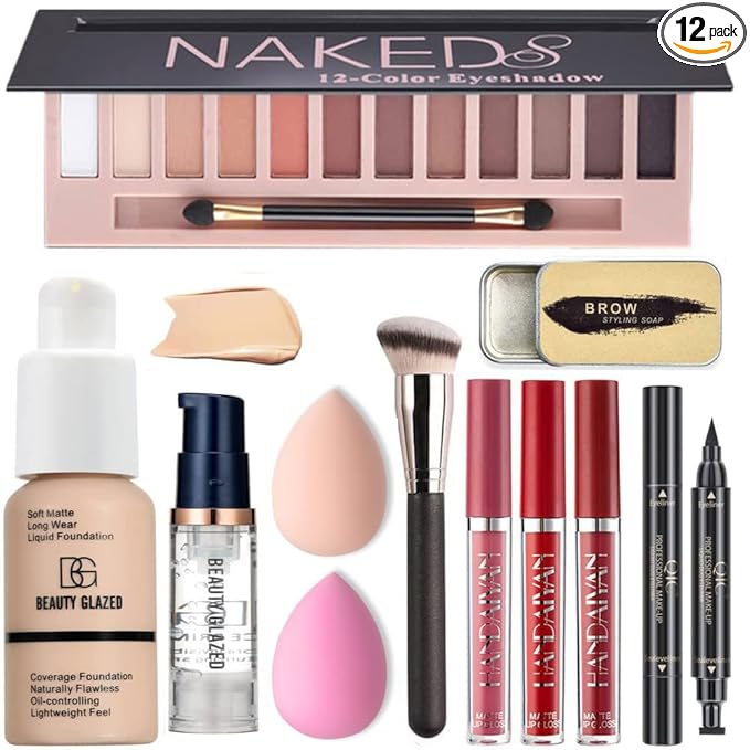 All in One Makeup Kit For Girls 12 Colors Naked Eyeshadow Palette, Nude Foundation Face Primer, Makeup Brush, Makeup Sponge, Eyebrow Soap Kit Brows Gel, Winged Eyeliner Stamp Makeup Set (SetA)