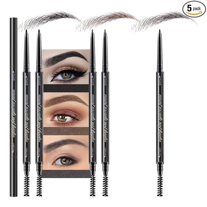 5 Pcs Dual-Sided Auto-rotate Ultra-Fine Tip Eye Brow Pencils Pack,Draws Tiny Precise Brow Makeup, Defines, Fills Brows, Shapes, Contours, Combs, ‌1mm Pen Point (2*Black+2*Tea+Gray)