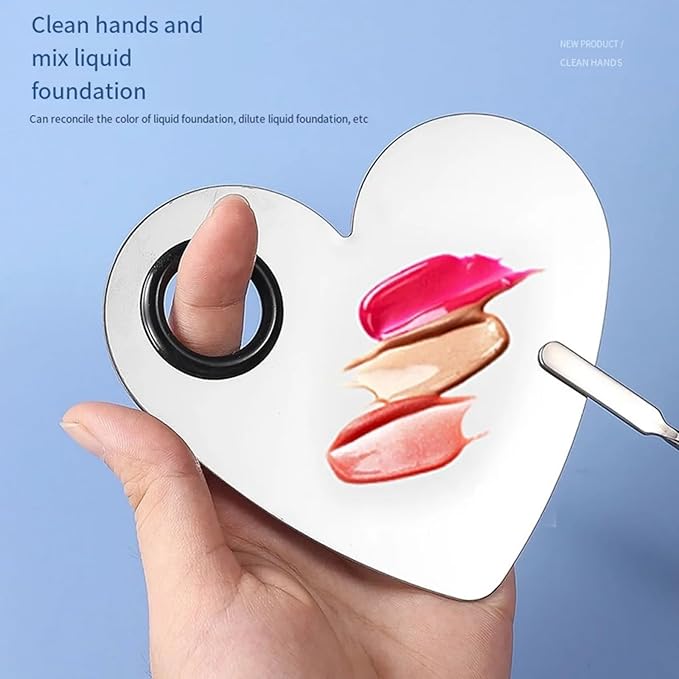 1Set of Heart Shaped Nail Plate Stainless Steel Cosmetic Face Makeup Palette with Spatula for Beauty Foundation DIY Mixing Tool Nail Salon Home Use (Heart shaped color palette)