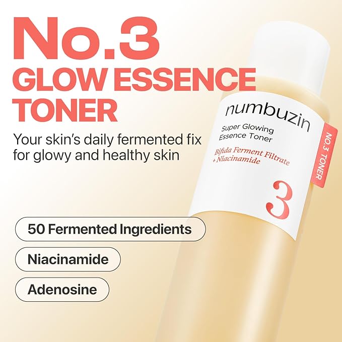 numbuzin No.3 Super Glowing Essence Toner, Jumbo Szie, Fermented Toner for Skin Glow & Texture, Bifida, Niacinamide, Hydrating, Radiance-Boosting Essence, Fragrance-Free, 10.14 fl oz (300ml)
