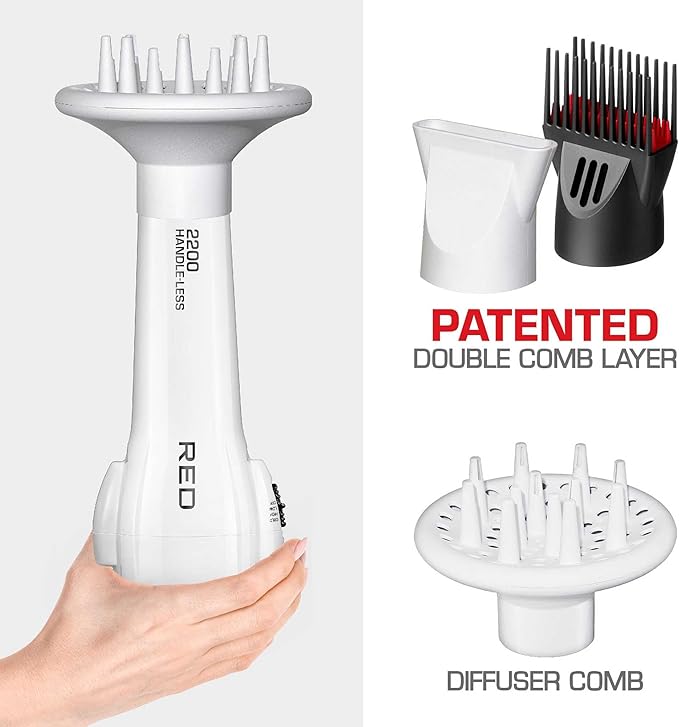 Red by Kiss Handle-Less Ceramic Tourmaline Hair Dryer, 1875W Ergonomic Grip, White, Includes 3 Attachments, For Detangling, Straightening, and Frizz-Free Shine
