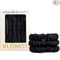 VLOMOT 3 Pcs Set 100% Pure Mulberry Silk Hair Scrunchies Hair Ties with 3 Chic Colors Everyday Skinny Scrunchies Silk Ponytail Holders Hair Care No Damage (Black)
