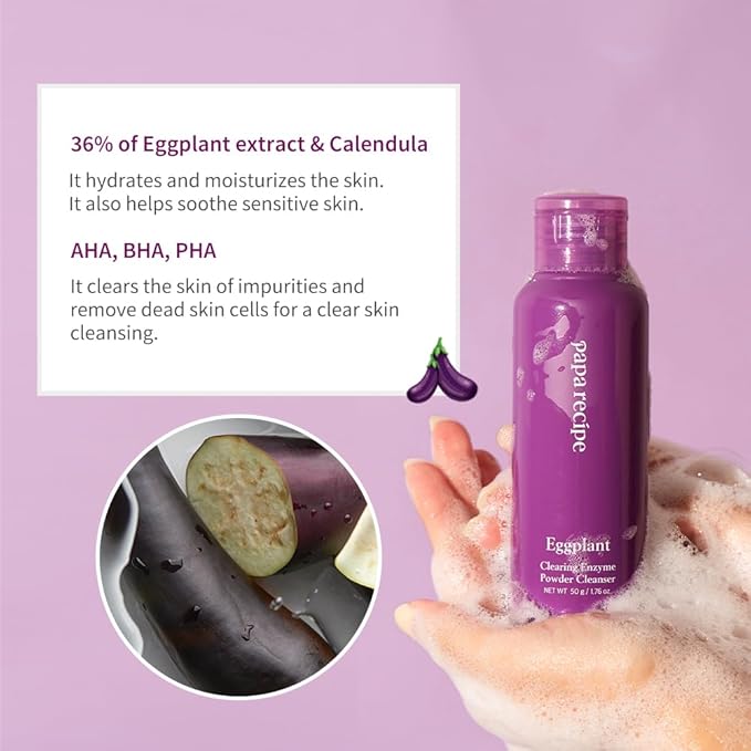 Papa Recipe Eggplant Enzyme Cleansing Powder (1.7oz/50g) – Papain Enzyme Powder-to-Foam Face Wash, Balances & Moisturizes Skin, Gentle Exfoliation, Smoother Texture & Clearer Pores, Korean Skin Care