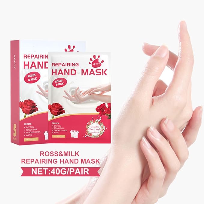 VolksRose 5 Pairs Hand Mask Gloves with Rose & Milk - Moisturizing Hand Mask for Dry Cracked Hands Overnight Repair Treatment, Intensive Hydration Spa Gloves for Women, Self Care Gifts for Rough Skin