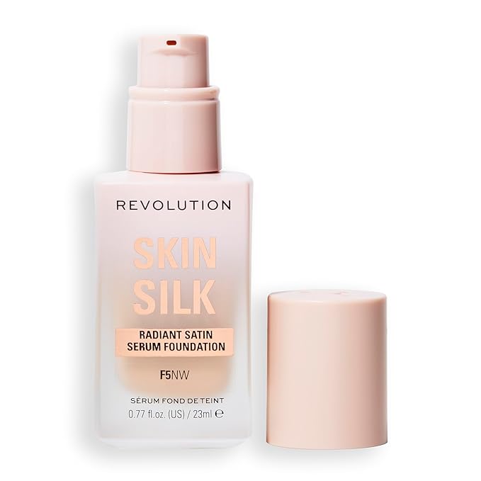 Revolution Skin Silk Radiant Satin Serum Foundation, Buildable Coverage with Hydrating Hyaluronic Acid for a Natural Finish, Vegan & Cruelty-Free, F5NW Light Skin Tones, 0.77 fl oz