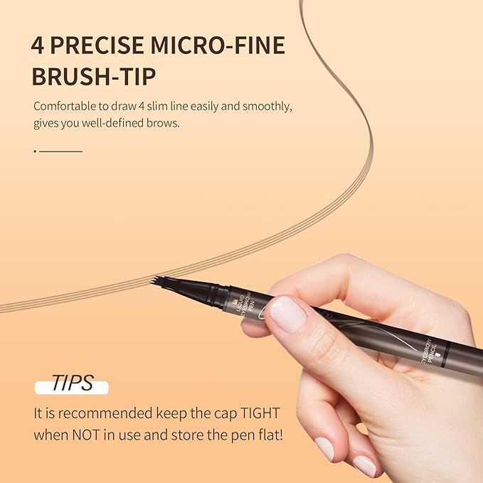 Music Flower Dual-Ended Microfilling Eyebrow Pen, Liquid Eyebrow Pen with 4 Micro Brush-Tip Applicators & Brow Defining Pencil with Precision Tip (Chestnut)
