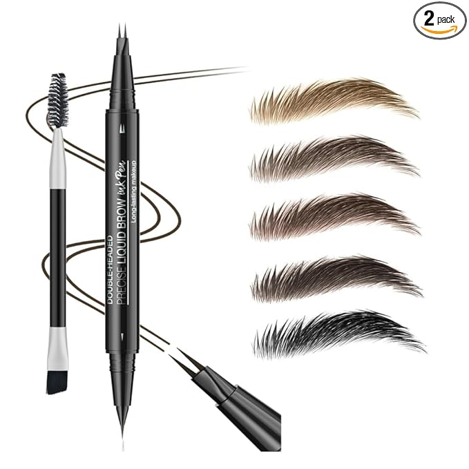 5 Shades Eyebrow Pen, Duo Brow Microfilling Fork-Tips & Precise Tip, Natural Eyebrow Makeup Set with Spoolie Brush (#5 Black)