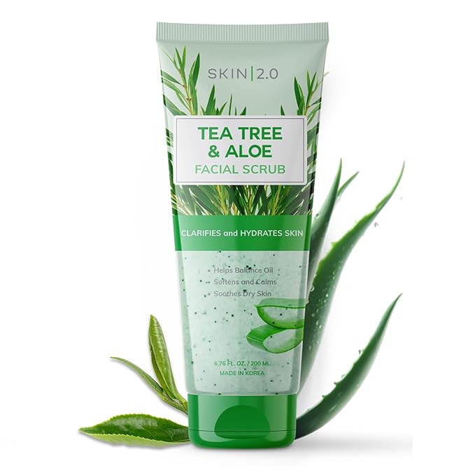 Skin 2.0 Tea Tree & Aloe Gentle Exfoliating Scrub - Dermatologist Tested, Multi-Tasking Cleanser, Clears Skin - Anti-Aging, Clean Beauty, Cruelty-Free Korean Skincare for All Skin Types - 6.76 Fl Oz