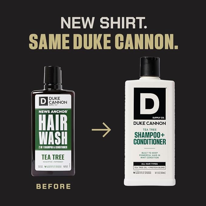 Duke Cannon Supply Co. 2-in-1 Hair Wash - Masculine Scent - Gentle Cleansing Hair Wash For Men - Stimulating Hair Shampoo & Conditioner - Strengthens Hair - Tea Tree - 2 Pack (14 oz)