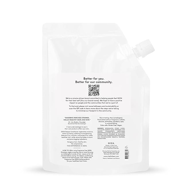 SEEN Deeper Conditioner Eco-Refill, Fragrance Free - Non-Comedogenic Hair Deeper Conditioner- Dermatologist-Developed - Safe for Sensitive, Eczema & Acne Prone Skin