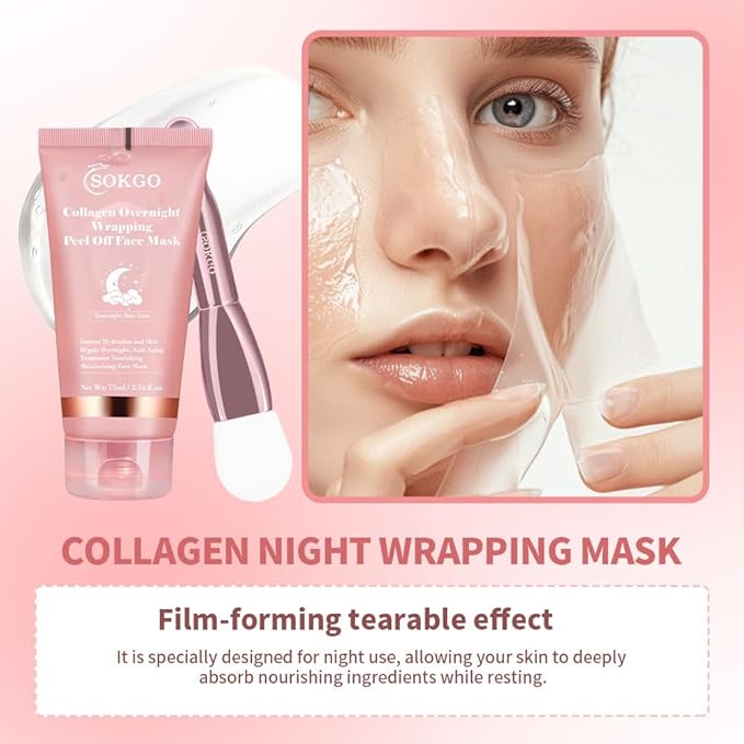 Sokgo Collagen Overnight Wrapping Mask, Intensive Hydration Anti Aging Overnight Skin Treatment, Boosts Elasticity and Firmness, Revitalizes Dull Skin Reduces Fine Lines and Wrinkles (2PCS)