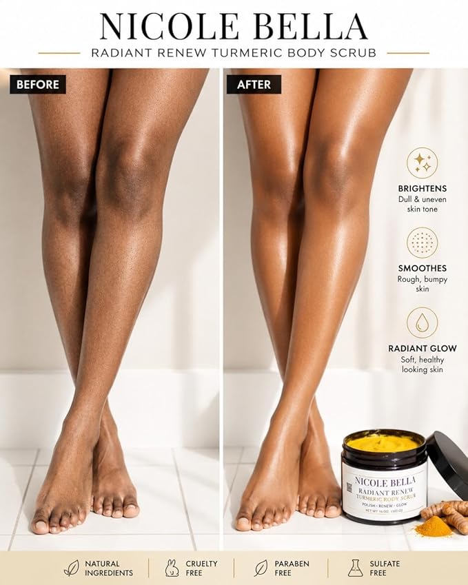 Turmeric Body Scrub- Exfoliating Sugar Scrub for Glowing Skin, Brightening & Dark Spot Care, Smooths Texture, Radiant Renew, 16 oz
