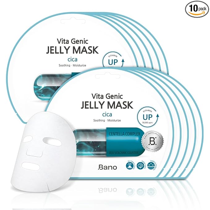 Bano Vita Genic Jelly Face CICA Mask 10EA – Soothing & Hydrating Sheet Mask for Sensitive Skin, Korean Glass Skin Care with Centella, Vitamin C, Biotin & Niacinamide, Fragrance-Free