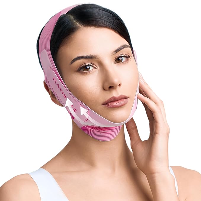 PLANTIFIQUE Chin Strap for Face Contouring - Reusable V Line Ice Silk Fabric Mask - Double Chin Shaping, Adjustable, Breathable Fabric - Jawline Shaper for Women & Men (Pink)