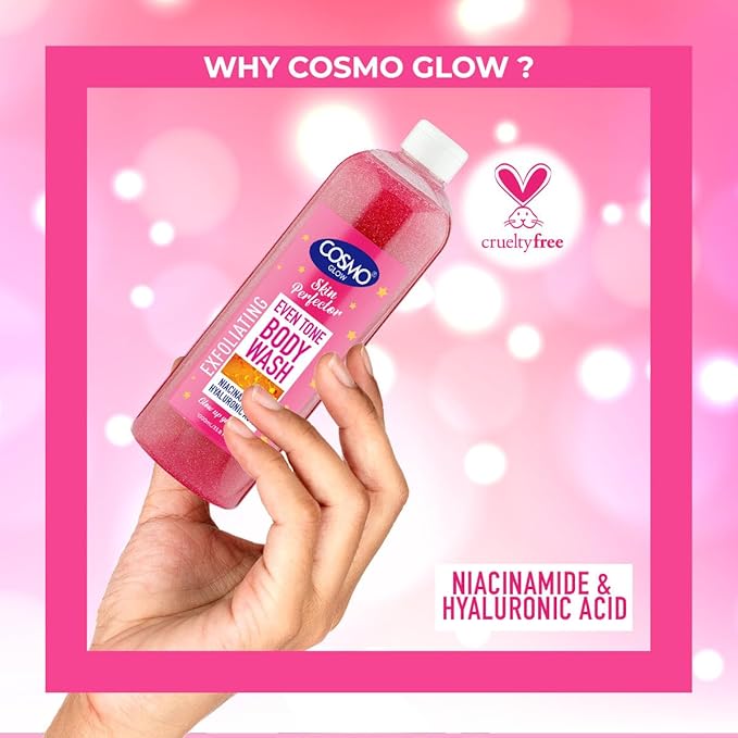 Cosmo Glow Skin Perfector Even Tone Exfoliating Body Wash 1000ml/33.8fl.oz, Made With Niacinamide & Hyaluronic Acid, Skin Care, Moisturizer, Brighten, Hydrate, Smooth, Shower Gel, Body Scrub