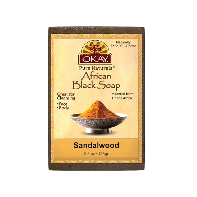 OKAY | African Black Soap with Sandlewood | For All Skin Types | Cleanses and Exfoliates | Nourishes and Heals | Free of Sulfate, Silicone & Paraben | 5.5 oz