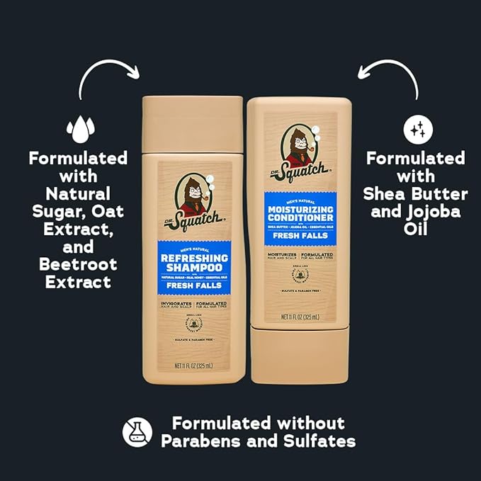 Dr. Squatch Full + Thick Men's Shampoo and Conditioner Set - For Fuller, Thicker-Looking Hair - Natural Shampoo and Conditioner for Men - Fresh Falls (11 fl oz, 2-Pack)
