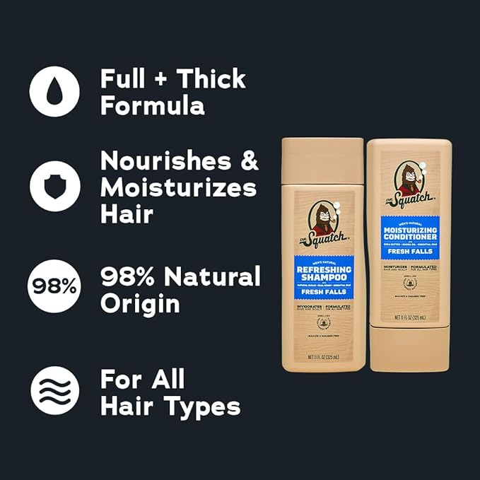 Dr. Squatch Full + Thick Men's Shampoo and Conditioner Set - For Fuller, Thicker-Looking Hair - Natural Shampoo and Conditioner for Men - Fresh Falls (11 fl oz, 2-Pack)