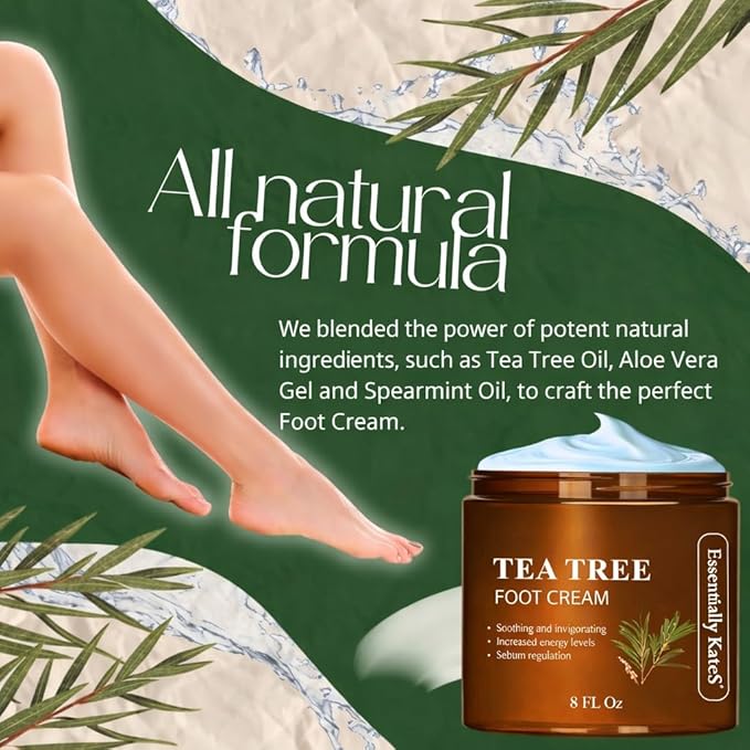 Essentially KateS Tea Tree Oil Foot Cream 8 Fl Oz - Toe Nails, Athletes Foot, Ringworms, Jock Itch, Foot Odor, and Soothes Itching Skin and Feet. (Color of Packaging Varies)