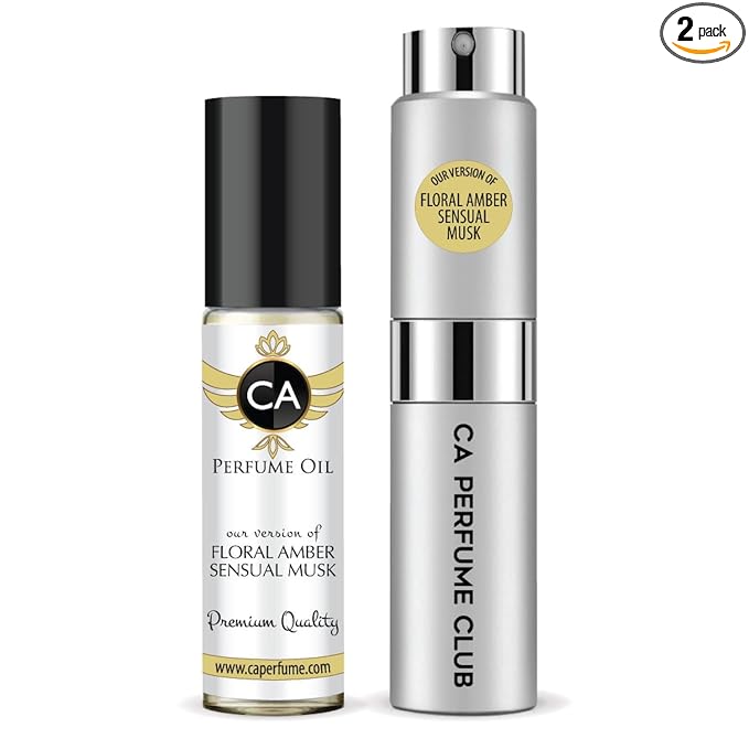 CA Perfume Duo Impression of Floral Amber Sensual Musk For Women And Men Perfume Layering Set Long Lasting Travel Size EDP + Body Oil Roll-On Bottle 0.27 Fl Oz+0.33 Fl Oz
