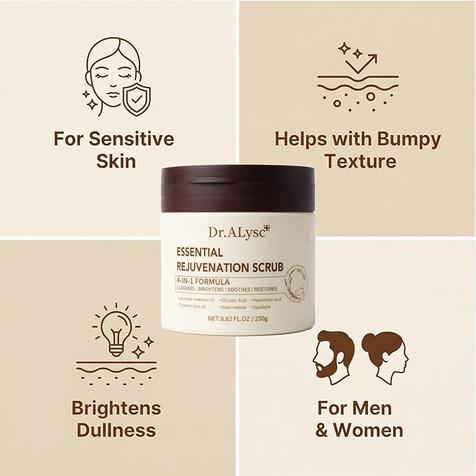 Essence Revitalizing Scrub with Turmeric Glycolic Acid Niacinamide Treatment for Sensitive Skin Gentle, Creamy Lavender Scrub, Cleanses, Soothes, Repair Face & Body 4-in-1, 8.8oz