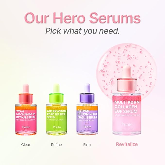 PURITO Multi PDRN + Collagen + EGF Revitalizing Facial Serum | for Glass Skin, Radiance, Elasticity & Hydration | 99% Pure PDRN Complex, Firming & Brightening Booster | Korean Skincare 1.01 fl.oz