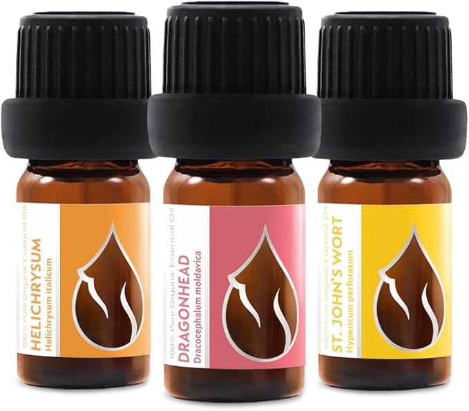 Set Glowing Skin Organic Essential Oils | Helichrysum + Moldavian Dragonhead + St. John's Wort | 100% Pure and Natural | Undiluted | Therapeutic Grade | Non-GMO | (3 pcs x 5 ml)