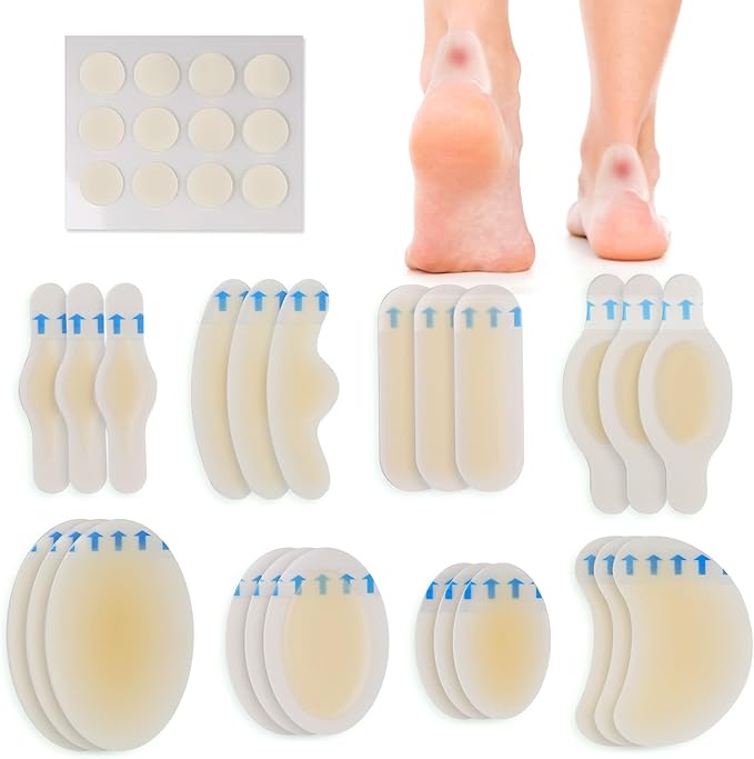 LotFancy Blister Bandages for Feet, 24 Blister Pads and 12 Acne Patches, 8 Size Hydrocolloid Bandage, Waterproof Seal Gel Blister Cushion Variety Pack for Toes Protection, Heel Blister Prevention