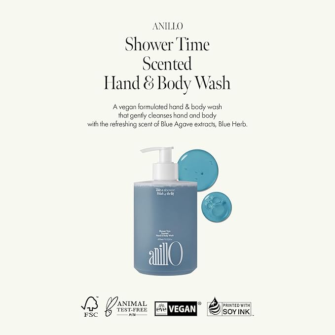 ANILLO Shower Time Scented Body Wash - Vegan Hand & Body Cleanser with Ceramide & Botanical Oils, Blue Agave Scent, Free from Paraben, Sulfate, Silicone, 15.22 fl.oz
