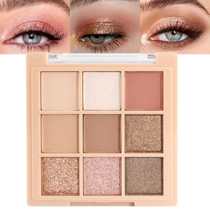 CAKAILA 9Colors Nude Champagne Gold Rose Brown Colorful Glitter Eyeshadow Palette Makeup,Korean Natural Neutral Rainbow Eyeshadow Palettes Naturing-Looking Long Lasting Waterproof Blendable