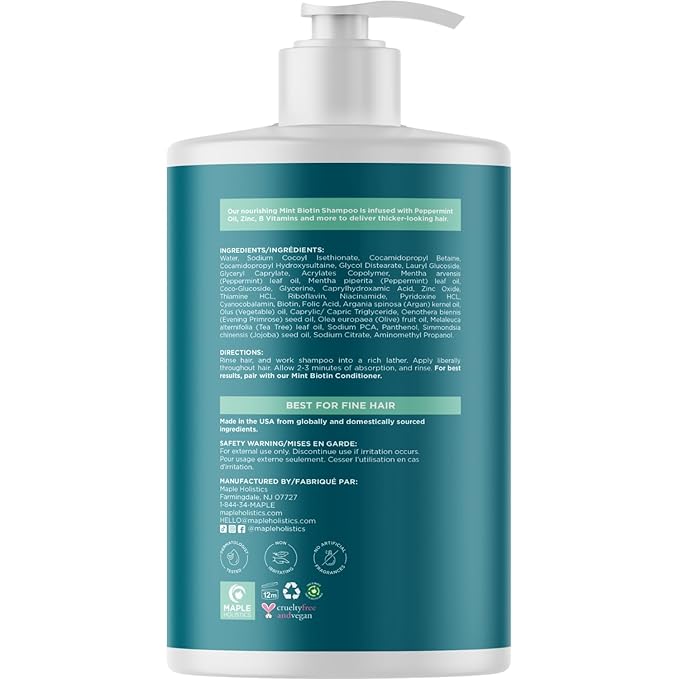 Volumizing Biotin Shampoo for Thinning Hair - Invigorating Peppermint Shampoo for Fine Hair with Argan Coconut and Olive Oils - Vegan & Color Safe - Paraben Silicone & Sulfate Free (32 Fl Oz)